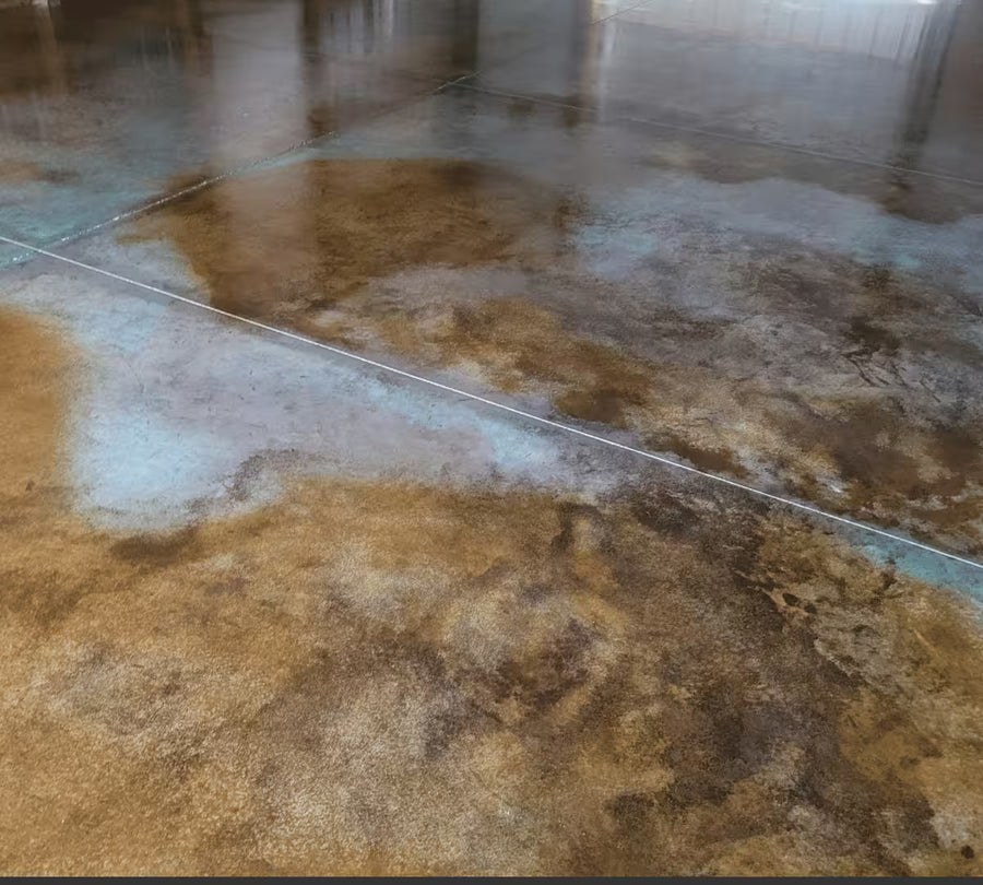 Seagrass acid stain on a finished concrete floor