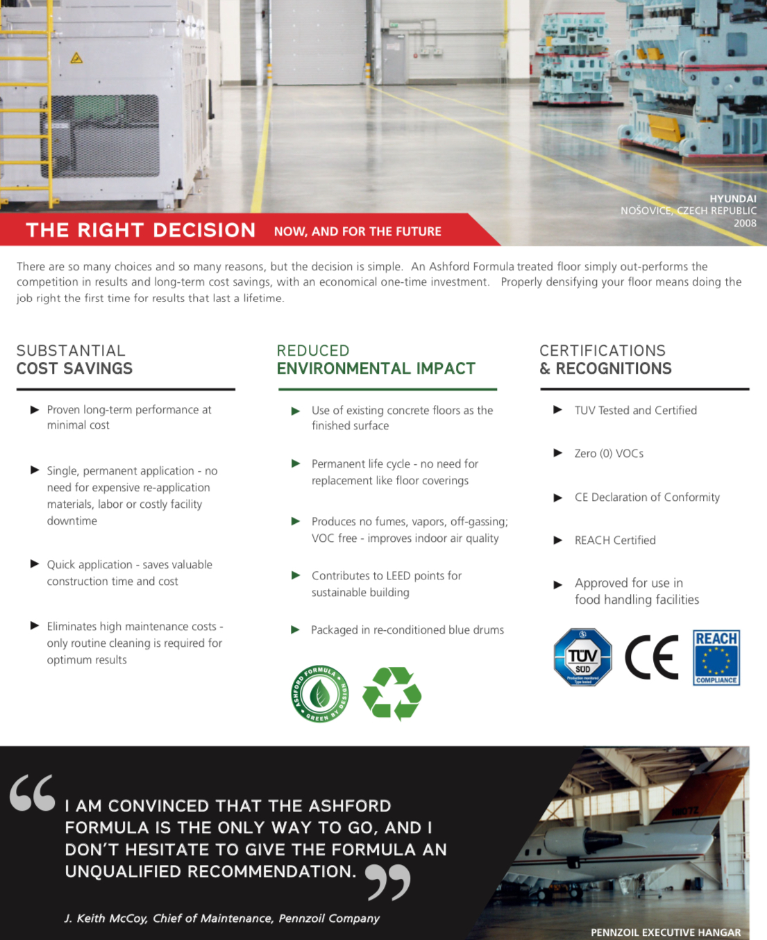 Ashford Formula cost savings, reduced environmental impact, certifications and recognitions