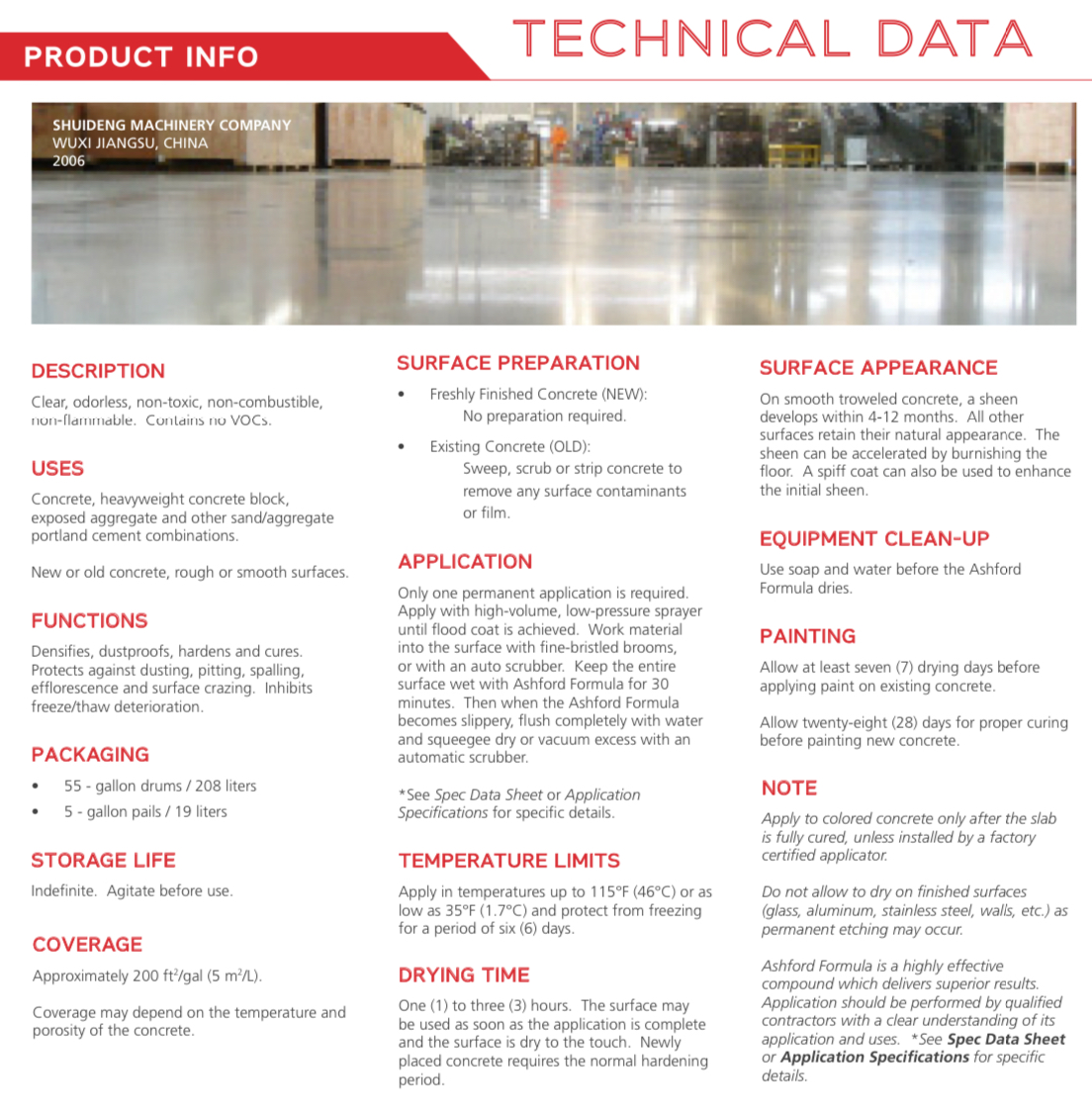 Ashford Formula technical data sheet with uses, coverage, application, and drying times