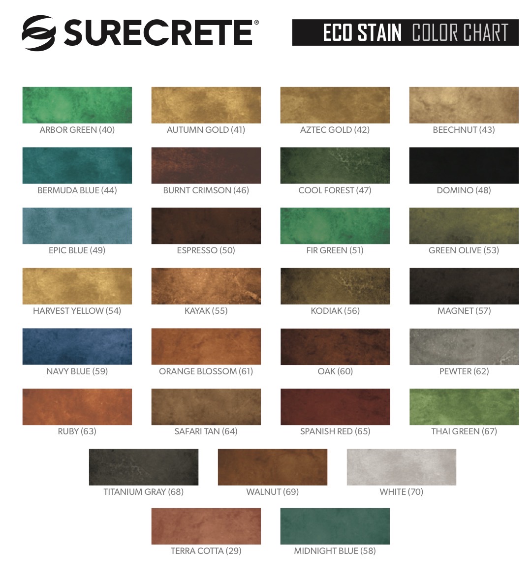 Water-based concrete stain color chart showing 30 earth-toned and saturated color swatches