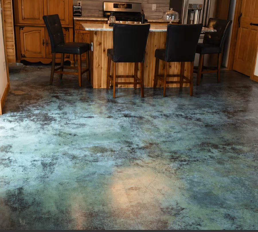 Azure Blue acid stain on a finished concrete floor